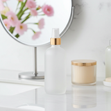 Frosted Clear Glass Boston Round Bottle with Gold Fine Mist Sprayer (12 Pack)