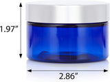 4 oz Cobalt Blue PET Plastic Low Profile Jar with Silver Metal Overshell Lid