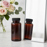 5 oz Amber Plastic Wide Mouth Packer Bottle with Black Ribbed Lid (6 Pack)