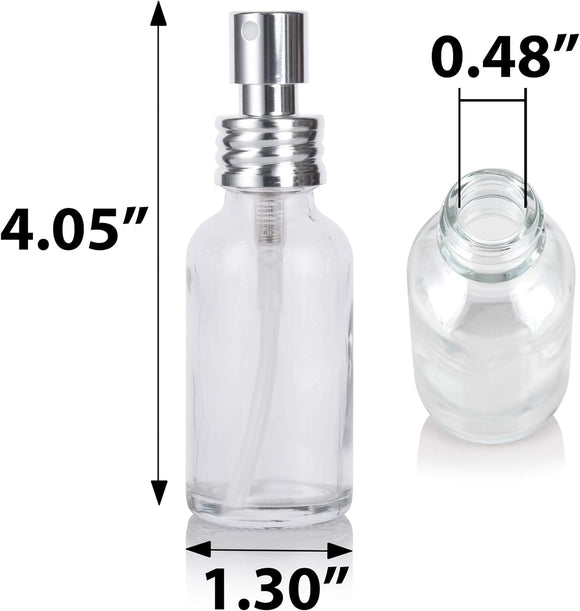 1 oz Clear Glass Boston Round Bottle with Metal Aluminum Fine Mist Spray (12 Pack)