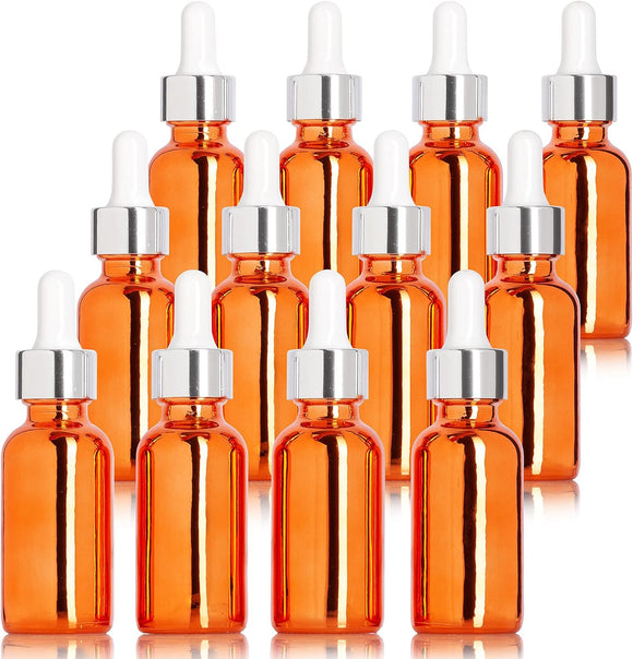 1 oz Rose Gold Glass Boston Round Bottle with Top Silver Dropper (12 Pack)