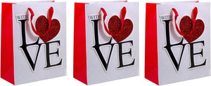 LOVE Heart Glitter Gift Bag Size (10.25" x 12.5") (3 PACK) for Anniversary, Birthday, Holiday