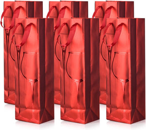 Red Wine Bottle Gift Bags with Tonal Red Metallic Embossed Wine Glass Design (6 Pack) - for Birthdays, Anniversaries, Weddings, Gift Favors, and Holidays