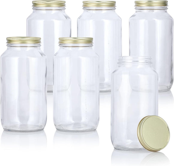 25.5 oz Clear Large Glass Wide Mouth Jar with Gold Metal Airtight Lid (6 PACK)