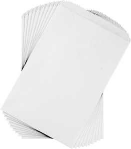100 PACK - White Paper (6.25" X 9 1/4") Flat Merchandise and Party Favor/Treats and Goodies Paper Gift Bag Set