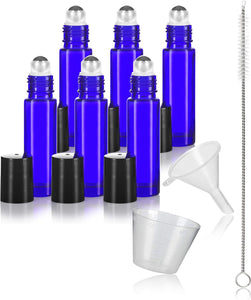 10 ml Cobalt Blue Glass Bottle with Stainless Steel Roll On Applicator and Cap 0.33 oz (6 PACK) Funnel, Measuring Cup, and Bottle Brush Cleane