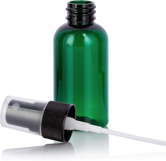 (24 Pack) 2 oz Green Boston Round Plastic Bottle with Black Fine Mist Sprayer