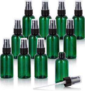 (12 Pack) 2 oz Green Boston Round Plastic Bottle with Black Fine Mist Sprayer