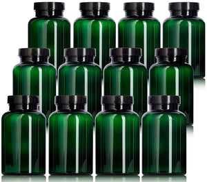 8 oz Green Plastic Packer Bottle with Smooth Black Lid Air Tight (12 Pack)