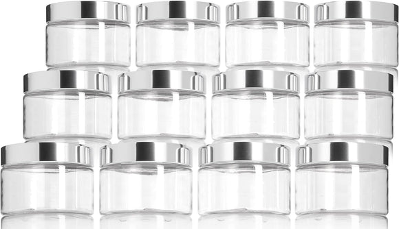 12 oz Clear Plastic Jar with Metal Silver Overshell Lid (12 pack)