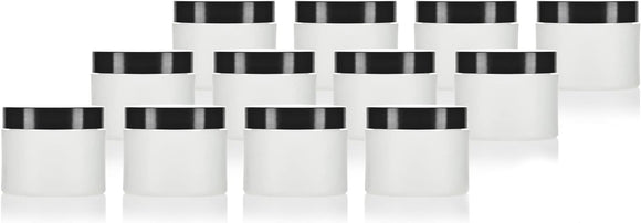 2 oz Frosted Clear Plastic Thick Wall Jar with Black Smooth Lid (12 Pack)