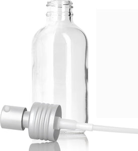 4 oz Clear Glass Boston Round Bottle with Metal Aluminum Treatment Pump (12 Pack)