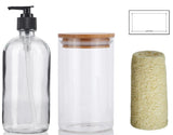 10 Piece Set 16 oz Clear Glass Boston Round Bottles (6) with Two Closure Black and White Lotion Pump and Phenolic Caps, 16 oz Clear Jars with Bamboo Lids(2) Loofahs(2) Labels (8)
