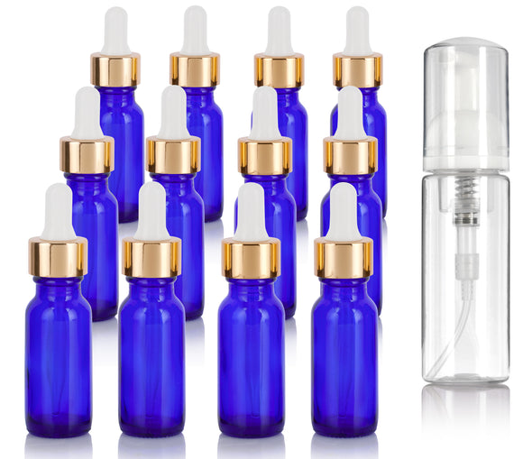 0.5 oz / 15 ml Cobalt Blue Glass Boston Round Bottle with Gold Dropper (12 Pack) + Travel Foam Bottle