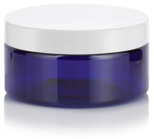 6 oz Cobalt Blue PET Plastic Low Profile Jar with White Foam Lined Lid (12 Pack)