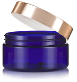 12 oz Cobalt Blue Plastic Low Profile Jar with Gold Metal Overshell Lid (12 Pack)