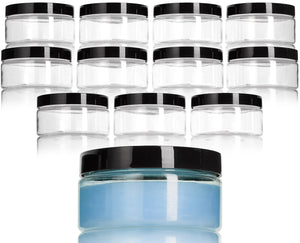 12 oz Clear Plastic Low Profile Jar with Black Foam Lined Lid  (12 Pack)