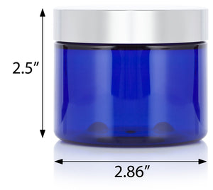 6 oz Cobalt Blue PET Plastic Low Profile Jar with Silver Metal Overshell Lid