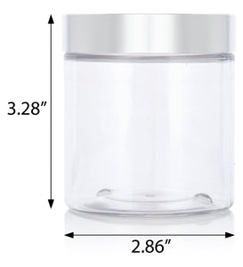8 oz Clear Plastic Straight Sided Jar with Metal Silver Overshell Lid
