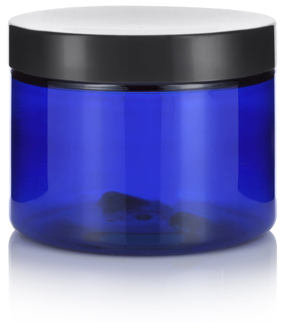 6 oz Cobalt Blue Plastic Low Profile Jar  with Foam Lined Lid ( 12 Pack) - JUVITUS