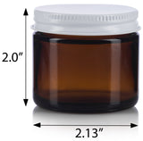 2 oz Amber Thick Glass Straight Sided Jar With White Metal Lids  (12 Pack)