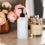 Frosted Clear Glass Boston Round Bottle with Black Lotion Pump (12 Pack)