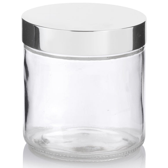 16 oz Clear Thick Glass Straight Sided Jar with with Silver Metal Overshell Lid (12 Pack)
