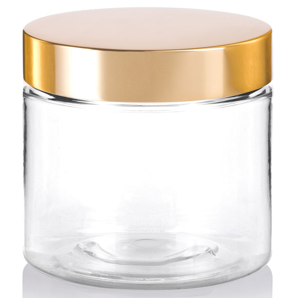 8 oz Clear Plastic Straight Sided Jar with Metal Gold Overshell Lid (12 Pack)
