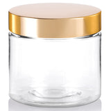 16 oz Clear Plastic Straight Sided Jar with Metal Gold Overshell Lid (12 Pack)