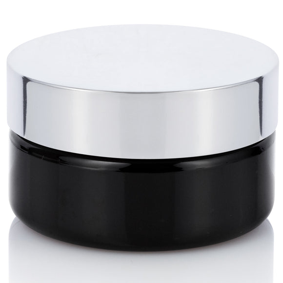 2 oz Black PET Plastic (BPA Free) Low Profile Jar with Silver Metal Overshell Lid