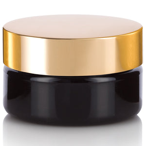 8 oz Black PET Plastic (BPA Free) Low Profile Jar with Gold Metal Overshell Lid (12 Pack)