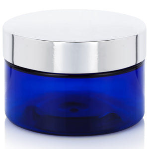 4 oz Cobalt Blue PET Plastic Low Profile Jar with Silver Metal Overshell Lid