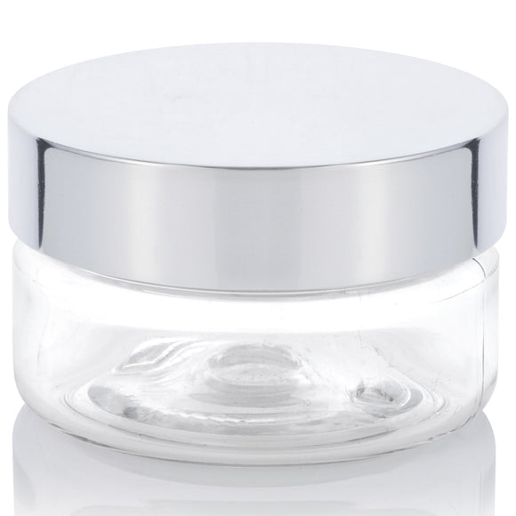 6 oz Clear PET Plastic Low Profile Jar with Silver Metal Overshell Lid