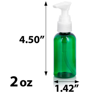 2 oz Green Plastic Boston Round Bottle with White Lotion Pump (12 Pack)