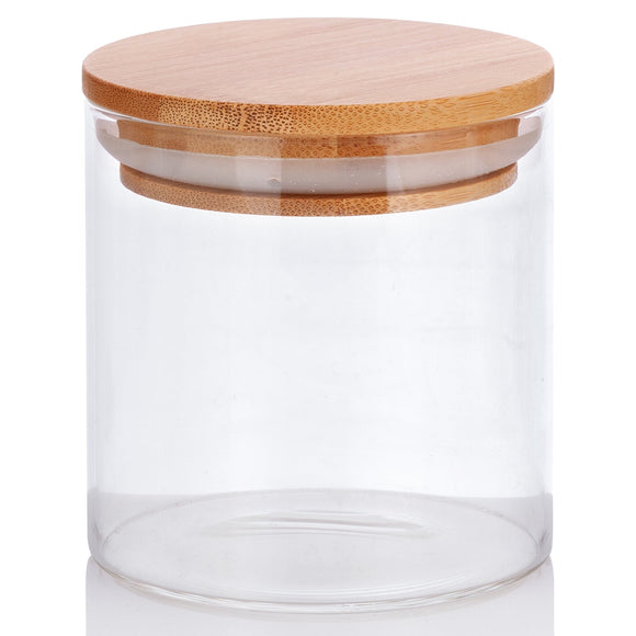 8 oz Clear Glass Borosilicate Jar with Wooden Bamboo Silicone Sealed Lid (6 Pack)