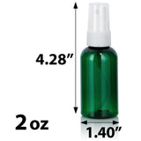 2 oz Green Plastic Boston Round Bottle with White Fine Mist Sprayer (12 Pack)