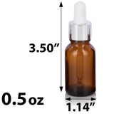 15 ml Amber Glass Boston Round Bottle with Silver Metal and Glass Dropper (12 Pack)