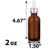 2 oz Amber Glass Boston Round Bottle with Silver Metal and Glass Dropper (12 Pack)