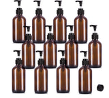 (12 pack) 8 oz Amber Boston Round Glass Bottle with Black Lotion Pump and Phenolic Cap