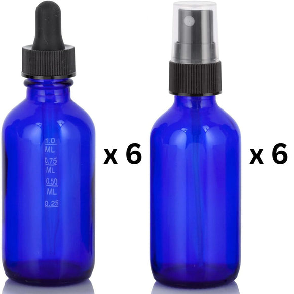 12-Pack 2 oz Blue Glass Bottles - 6 with Graduated Droppers and 6 with Black Spray Tops for Aromatherapy Essential Oils