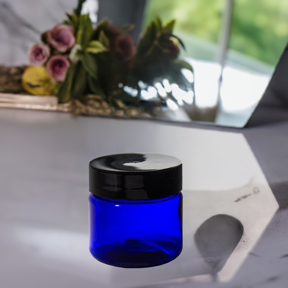 1 oz Cobalt Blue Plastic Straight Sided Jar with Black Foam Lined Lid (12 Pack) - JUVITUS