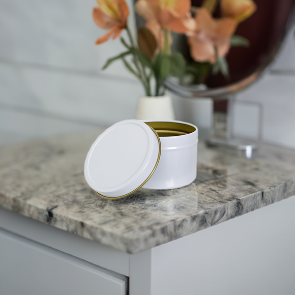 (6 Pack) 4 oz White Metal Steel Tin Container with Tight Sealed Slip Cover