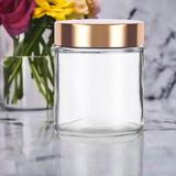 4 oz Clear Thick Glass Straight Sided Jar with Gold Metal Overshell Lid (12 Pack)