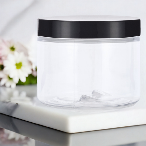 6 oz Clear Plastic Jar with Black Foam Lined Lid (12 Pack)