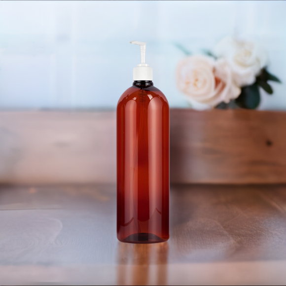 32 oz Amber Plastic PET Slim Cosmo Bottle with White Lotion Pump (6 Pack)