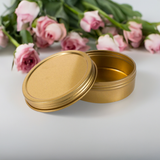 2 oz Gold Metal Steel Tin Flat Container with Tight Sealed Twist Screwtop Cover Lid (72 pack)