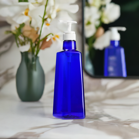 27 oz Cobalt Blue Plastic Triangle Bottle with White Lotion Pump (6 Pack)