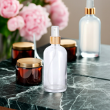 8 oz Clear Glass Boston Round Bottle with Gold Fine Mist Sprayer (6 Pack)