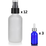 12 PACK - 4 oz Frosted Clear Glass Bottles with Black Treatment Pump and Mini Sample Size 0.5 oz Cobalt Blue Eye Silver Dropper Glass Bottle for Beauty Skincare Oil