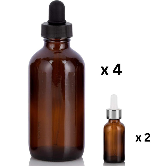 Essential Oil Dispenser Kit: 6-Pack 4 oz Amber Glass Bottles with Black Droppers + 2 Travel-Size 0.50 oz Amber Glass Bottles with Silver Droppers